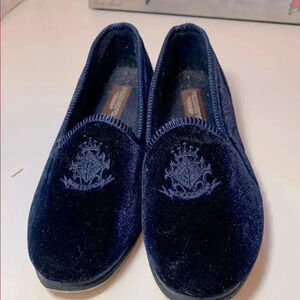 Packard by Foamtreads Crown Crest Navy Velvet Loafers  w 1” wedge heel.
